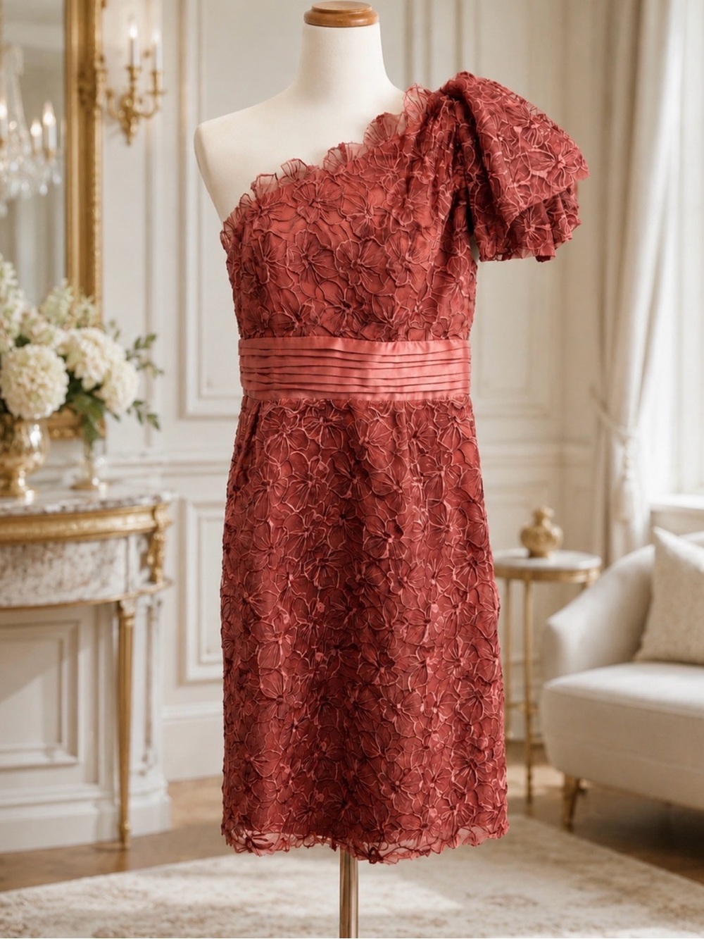 Jessica Simpson One-Shoulder Floral Lace Dress in Dusty Rose size 10